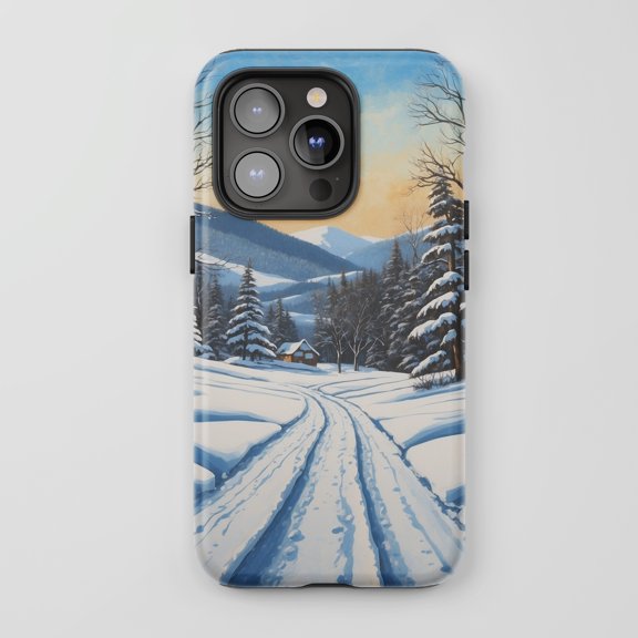 Winter Cabin Scene For All iPhone Series Tough Phone Case Landscape Art Blue