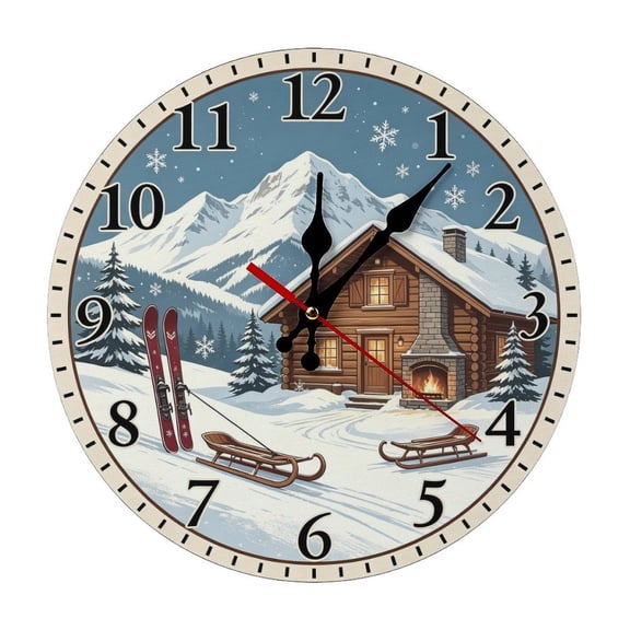 Winter Cabin Ski Scene ClockClassic Circular Wood Hanging Clock, Complete Mounting Hardware Bedroom Decor Clock