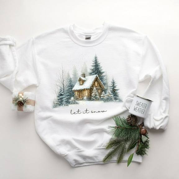 Winter Cabin Sweatshirt – Cozy Let It Snow Crewneck – Pine Tree Holiday Shirt – Rustic Christmas Sweater