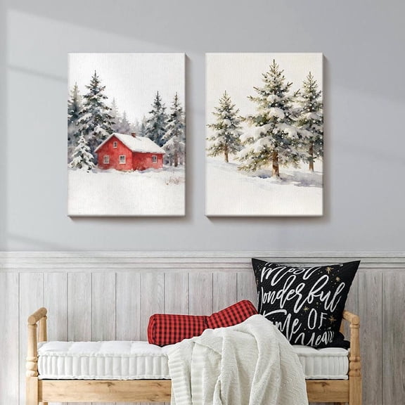 Winter Cabin Wall Art Prints, Snow Landscape, Cozy Red House and Pine Tree, Rustic Winter Decor Poster Printed Poster, Poster Only
