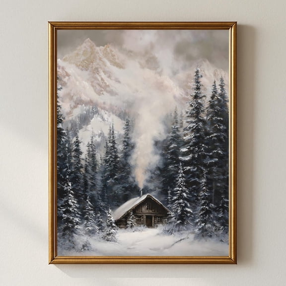 Winter Cabin Wall Art, Snowy Mountain Lodge With Pine Trees, Cozy Rustic Winter , Cottage Home Decor Home Decor UNFRAMED Poster, Wall Art for Decor, Present, 8x12