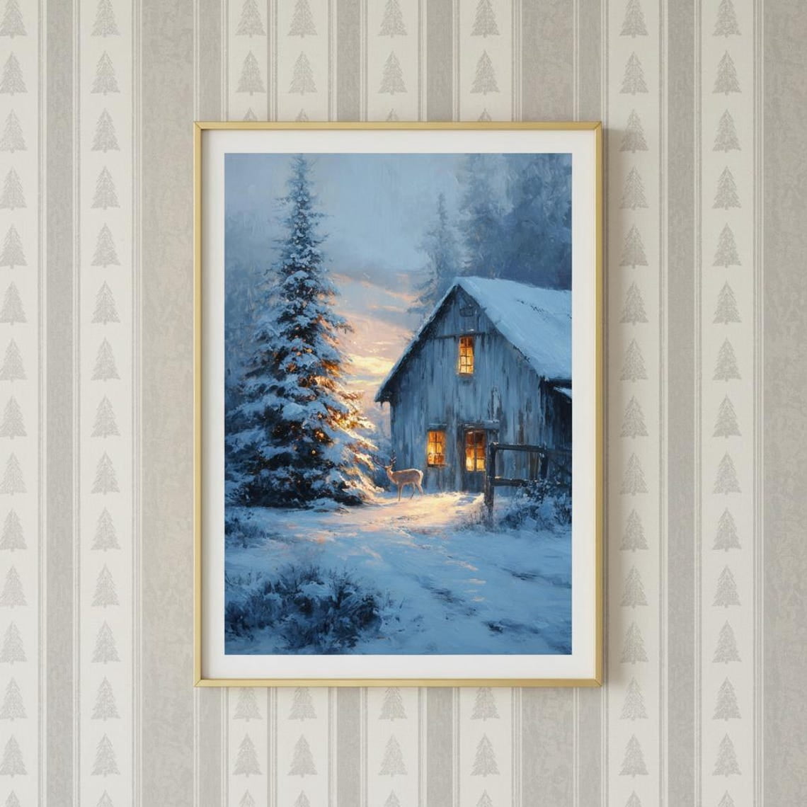Winter Cabin Wall With Stag Art Print | Cozy Cottage Decor | Snowyscene ...