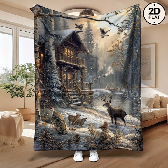 Winter Cabin Wildlife Print Flannel Throw Blanket, Choose From 30 x 40, 40 x 50, 50 x 60, 60 x 80 Inches, Soft Cozy Blanket for Sofa