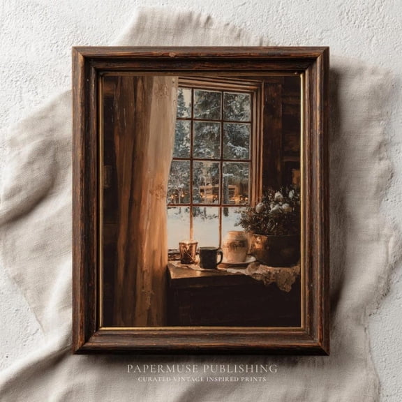 Winter Cabin Window Art, Rustic Scene Print, Snowy Forest , Cottage Wall Decor, Vintageartwork,, Unframed Canvas Size 24x36