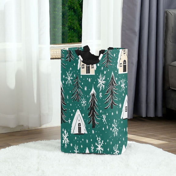 Winter Cabin and Snowflakes Foldable Laundry Hamper 12.6x11x22.7in with Handles for Bathroom Bedroom Storage