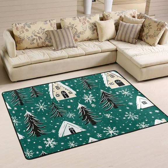 Winter Cabin and Snowflakes Soft Polyester Area Rug 72''x48'', Non Slip, Memory Foam, Water Absorbent