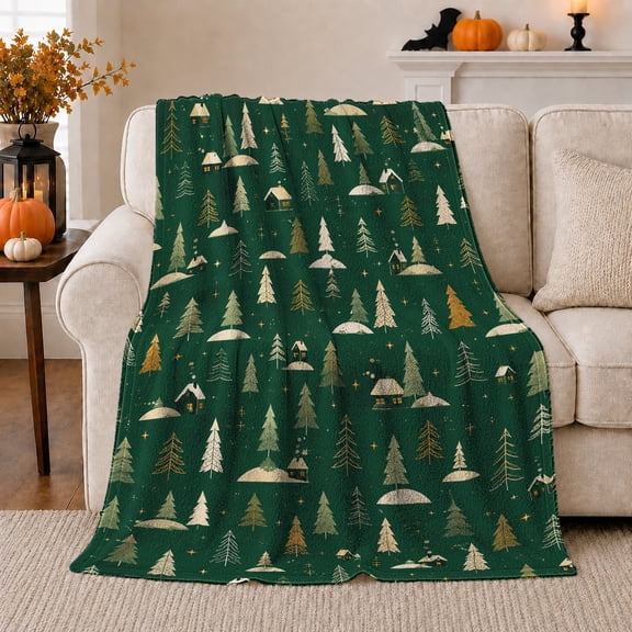Winter Cabins with Evergreen Trees, Rustic Folk Art Style for Cabin Lovers, Cozy Mountain Village Scene, Flannel Blanket for Cabin and Living Room, Christmas Gift and Winter Home Decor