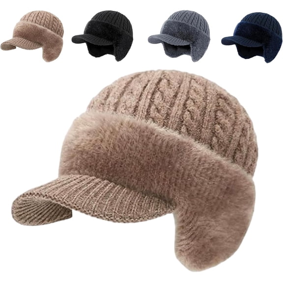 Winter Cable Knit Beanie with Visor Brim, Warm Fleece Lined Trapper Hat Ear Flaps, Windproof Outdoor Snow Skiing Peaked Cap, Thermal Skull Baseball Running Newsboy Headwear