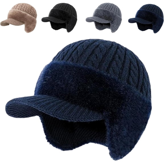 Winter Cable Knit Beanie with Visor Brim, Warm Fleece Lined Trapper Hat Ear Flaps, Windproof Outdoor Snow Skiing Peaked Cap, Thermal Skull Baseball Running Newsboy Headwear