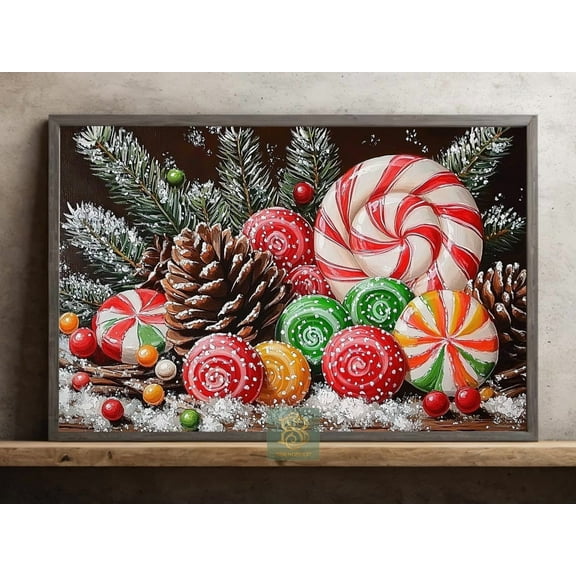 Winter Candies Poster, Peppermint Sweets Wall Art, Treats Decor Warm Present Vintage UNFRAMED Poster Size 8x12