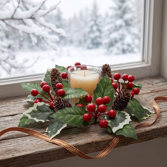 Winter Candle Ring Wreath With Fir Cones Golden Berries, Artificial Holiday Counter Centerpiece For Column Candle Ornament, Reusable Festive Home Focus