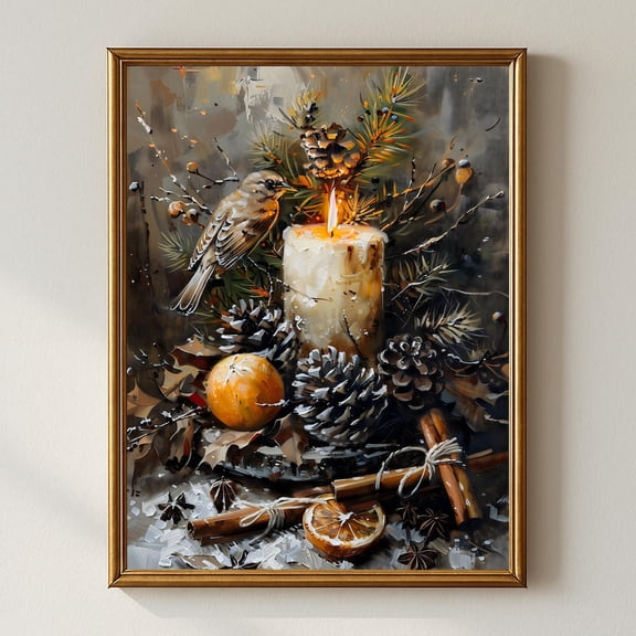 Winter Candle Wall Art, Winter Bird Pinecone Still Life Print, Cozy Orange Cinnamon Rustic Home Decor Home Decor #1205, Unframed Canvas Size 24x36