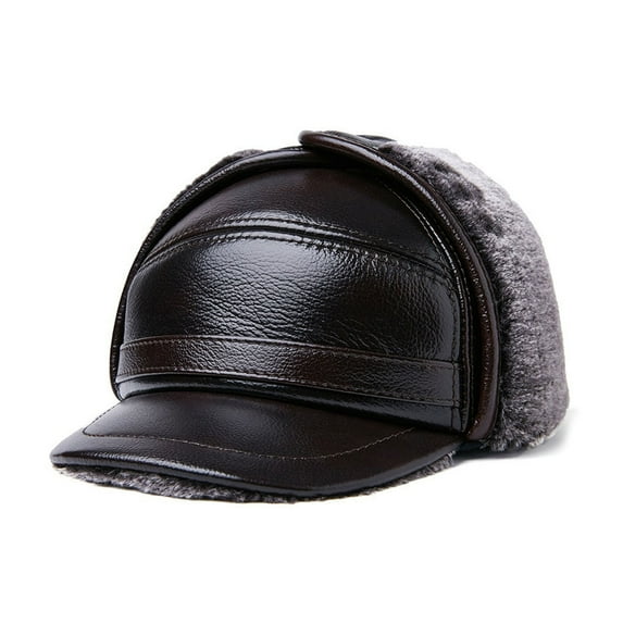 Winter Caps Leather Middle Old Aged Fleece Lining Warm Earmuffs Headgear Vintage Style Thermal Hat Outdoor Walking Daily Wear Dark brown L{55-56}