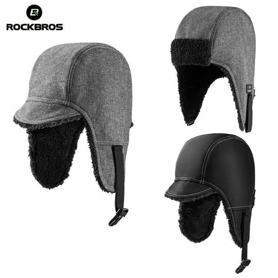Rockbros Thermal Fleece Winter Cap with Earflaps & Brim, Windproof Unisex Hat for Skiing Cycling Climbing Running