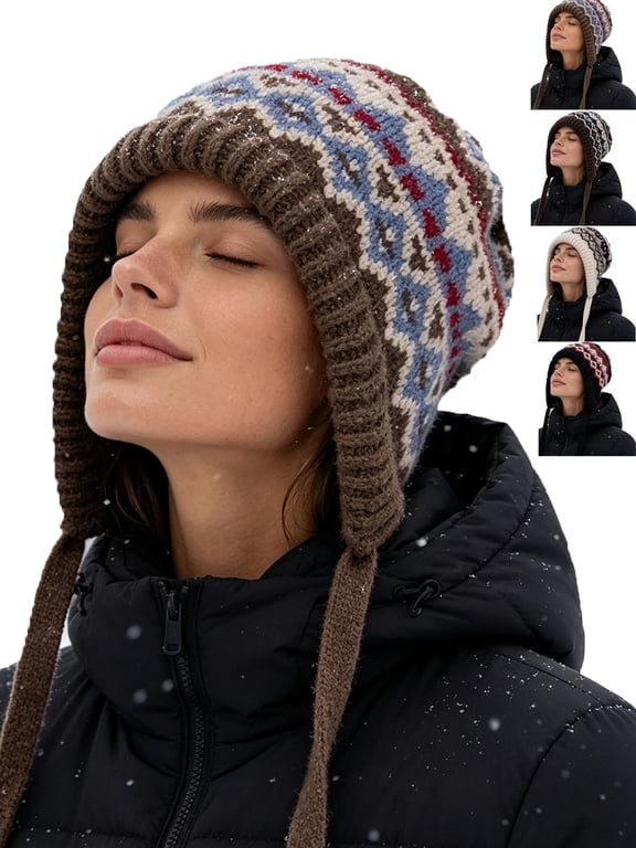 Winter Caps for Women Knit Vintage Print Hat with Ear Flap- Nordic Style Warm Cozy Outdoor Skiing Hat
