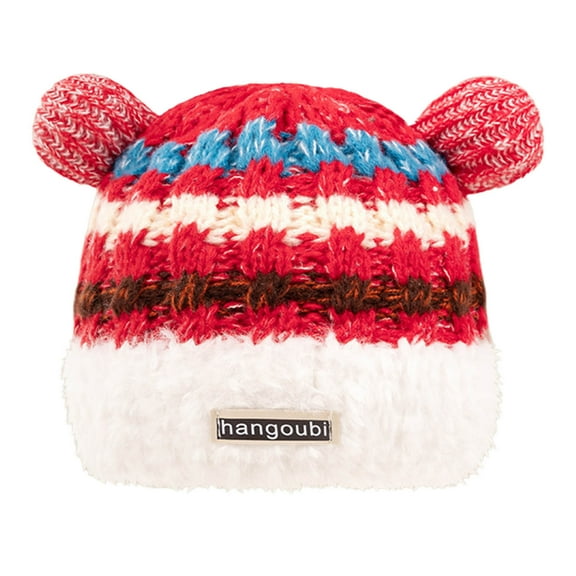 Winter Caps for Women and Men with Faux Fur Pom-pom Knit Cuffed Beanie Striped Fashion Warm Hats Cold Weather (One Size, Red|2-poms)