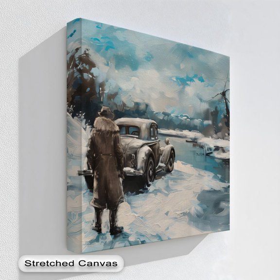 Winter Car Landscape Art Snowy Scene Classic Vehicle Cozy Decor