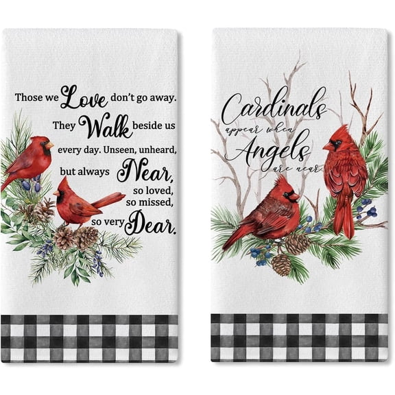 Winter Cardinal Appear When Angels are Near Kitchen Dish Towels Set of 2, Christmas Memorial Drying Hand Towel Baking Cooking Cloth, Buffalo Plaid Bathroom Home Decoration 16 x 24 Inches