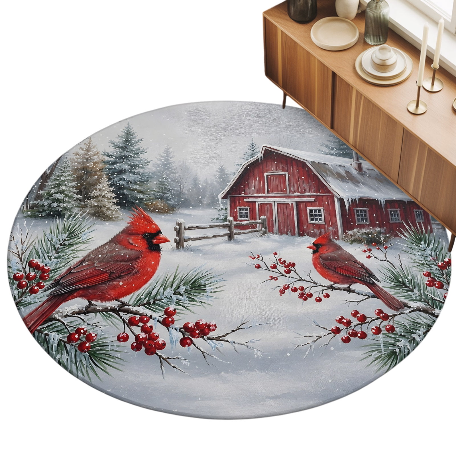 Winter Cardinal Bird Area Rug 8', Farmhouse Snowy Red Barn Holly Berry ...