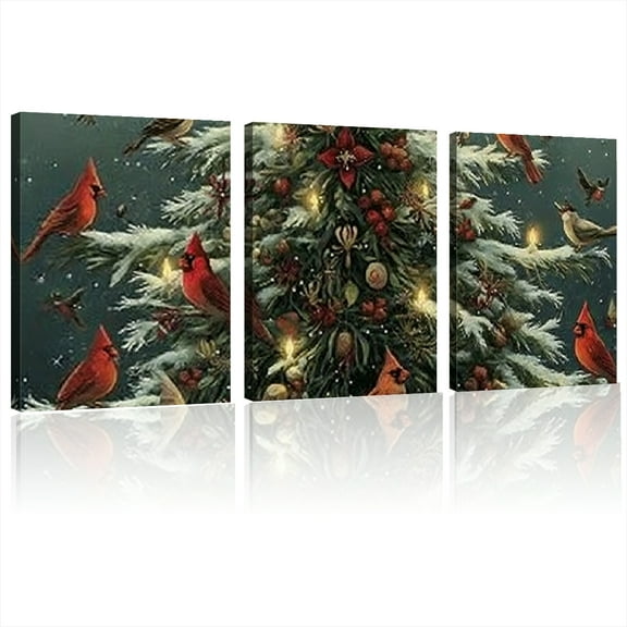 Winter Cardinal Bird Christmas Tree Poster - Snow-Covered Evergreen with Red Birds Canvas Wall Art Print - Framed Holiday Decoration for Home, Office, Christmas, Birthday, New Year12*16inch*3pcs