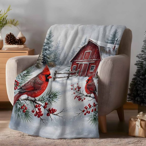 Winter Cardinal Bird Fleece Throw Blanket Lightweight Farmhouse Snowy Red Barn Holly Berry Fuzzy Flannel Throws Super Soft Cozy Flannel Blanket for Couch, Sofa, Bed, Travel 40"x50"