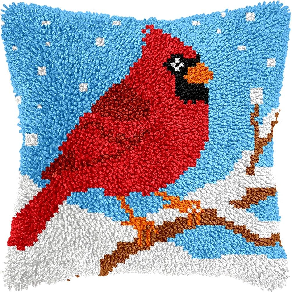 Winter Cardinal Bird Latch Hook Pillow Cover Kits for DIY Handmade Throw Pillow Cross Stitch Latch Hooking Pillowcase Kits with Preprinted Color Pattern Canvas Crochet Yarn Kits 17''X 17''(8-56)