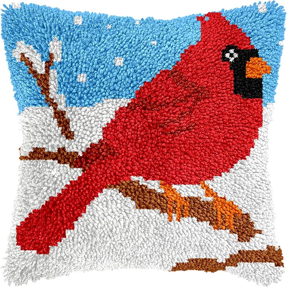 Winter Cardinal Bird Latch Hook Pillow Cover Kits for DIY Handmade Throw Pillow Cross Stitch Latch Hooking Pillowcase Kits with Preprinted Color Pattern Canvas Crochet Yarn Kits 17''X 17''(8-57)