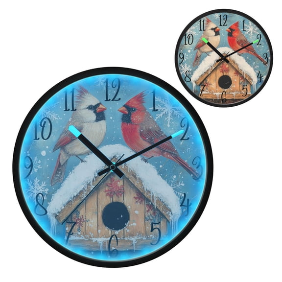 Winter Cardinal Bird Luminous Wall Clock with Sound-Activated LED 12-Inch Silent Acrylic Timepiece for Bedroom Livingroom or Office