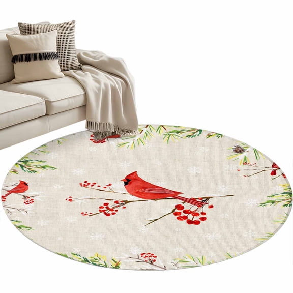 Winter Cardinal Bird Round Area&nbsp;Rug 3ft Snowflake Linen Red Berry Pine Cones Non-Slip&nbsp;Washable Circle Rugs Soft Felt Indoor Floor Mat for Bedroom Kitchen Living Room Bathroom