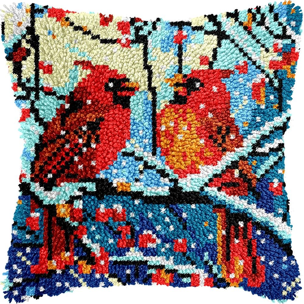 Winter Cardinal Birds Latch Hook Pillow Kits Pillow Cover Latch Hook Crafts Crochet Knitted Hooking Pillowcase Cushion Crafts Embroidery Latch Hooking Kits Material Set 17x17 inch(48)