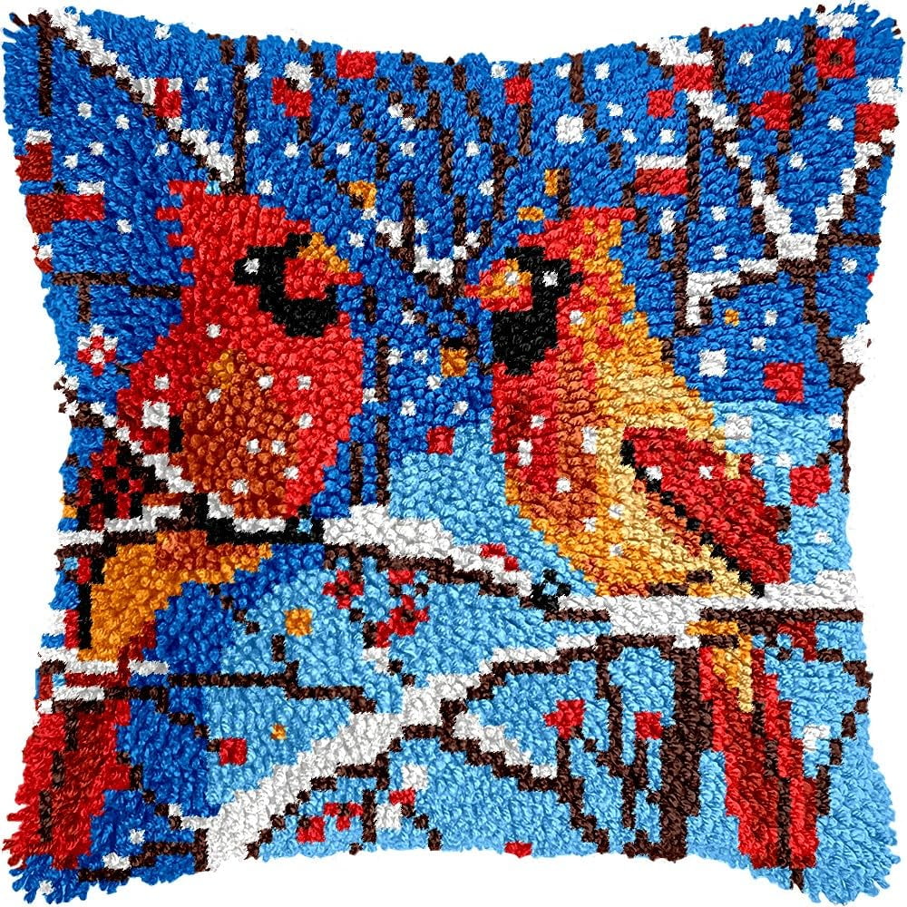 Winter Cardinal Birds Latch Hook Pillow Kits Pillow Cover Pattern Printed Canvas Crochet Knitted Hooking Pillowcase Cushion Crafts Embroidery Latch Hooking Crochet Kits Set 17x17 inch(33)
