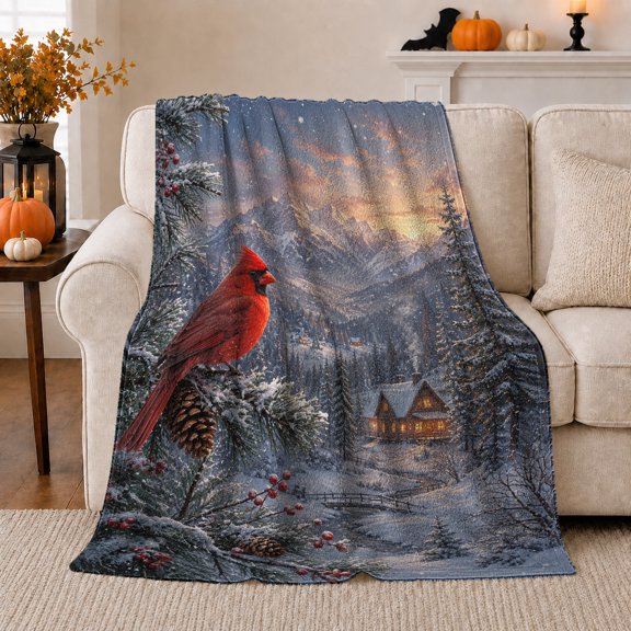 Winter Cardinal Cabin Landscape Snowy Pine Mountains, Peaceful Mountain Lake Scene, Warm Flannel Blanket for Cabin and Lodge, Outdoor Lovers Camping Gift, Festive Home Decor