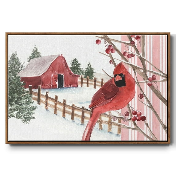 Winter Cardinal Collection A - Framed Gallery Wrapped Holiday Canvas - 17 x 25 - Rosewood Frame