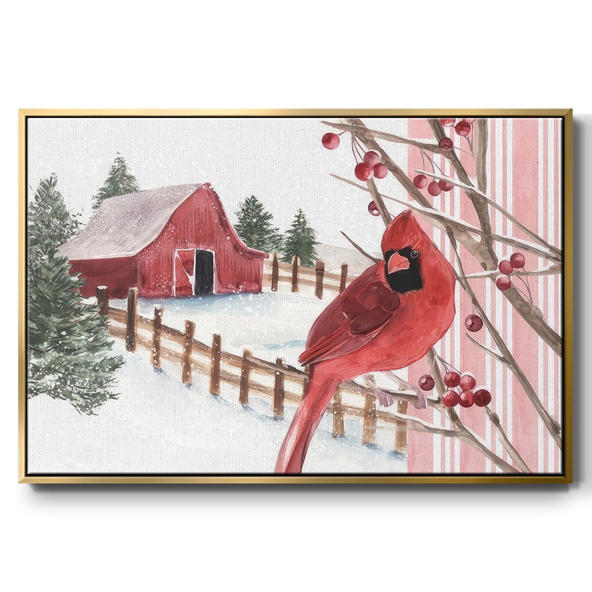 Winter Cardinal Collection A - Framed Gallery Wrapped Holiday Canvas - 25 x 37 - Gold Frame
