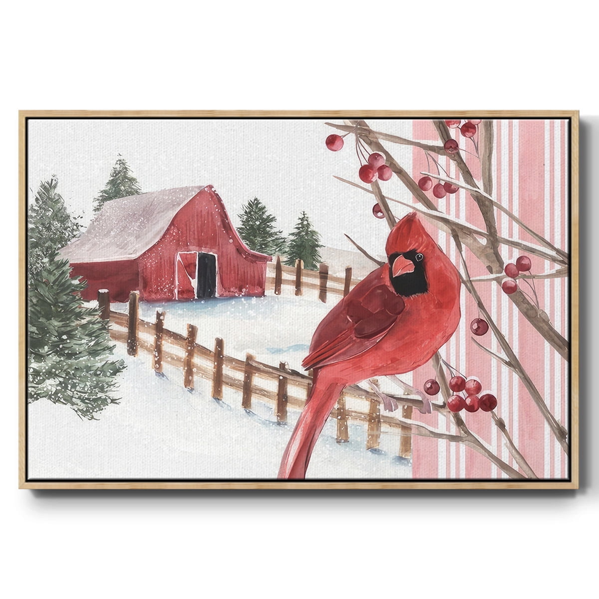 Winter Cardinal Collection A - Framed Gallery Wrapped Holiday Canvas - 25 x 37 - Natural Wood Frame