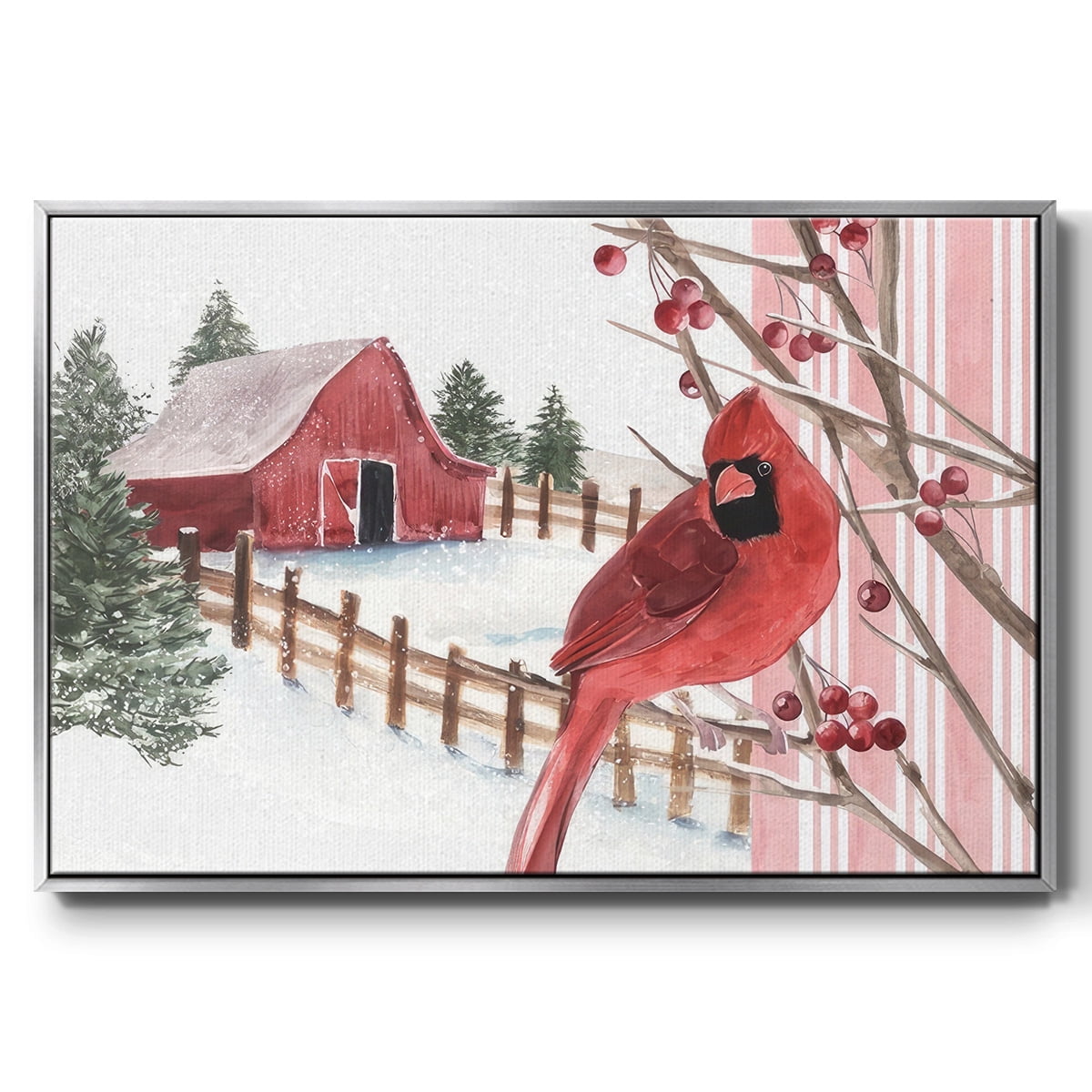 Winter Cardinal Collection A - Framed Gallery Wrapped Holiday Canvas - 25 x 37 - Silver Frame