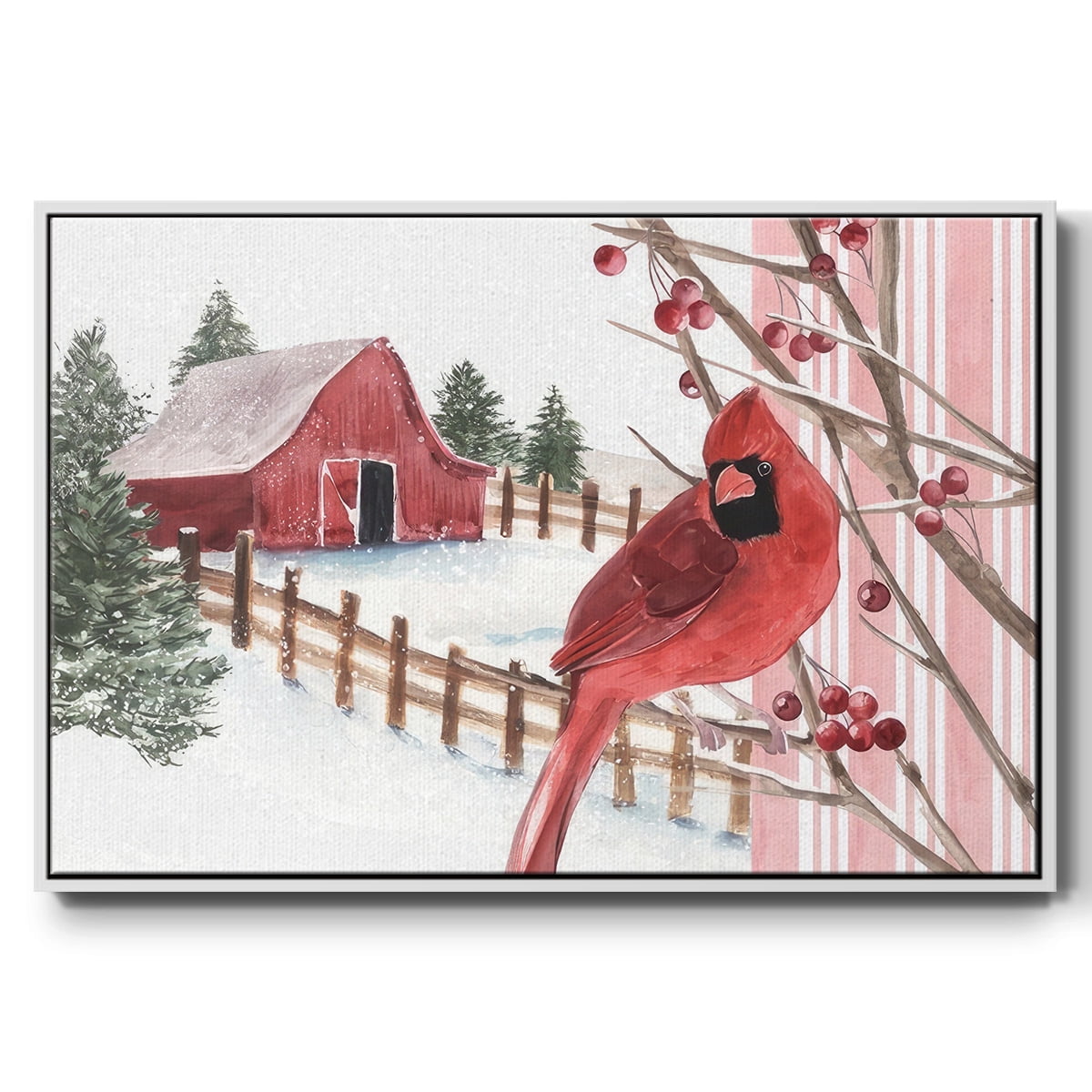 Winter Cardinal Collection A - Framed Gallery Wrapped Holiday Canvas - 25 x 37 - White Frame