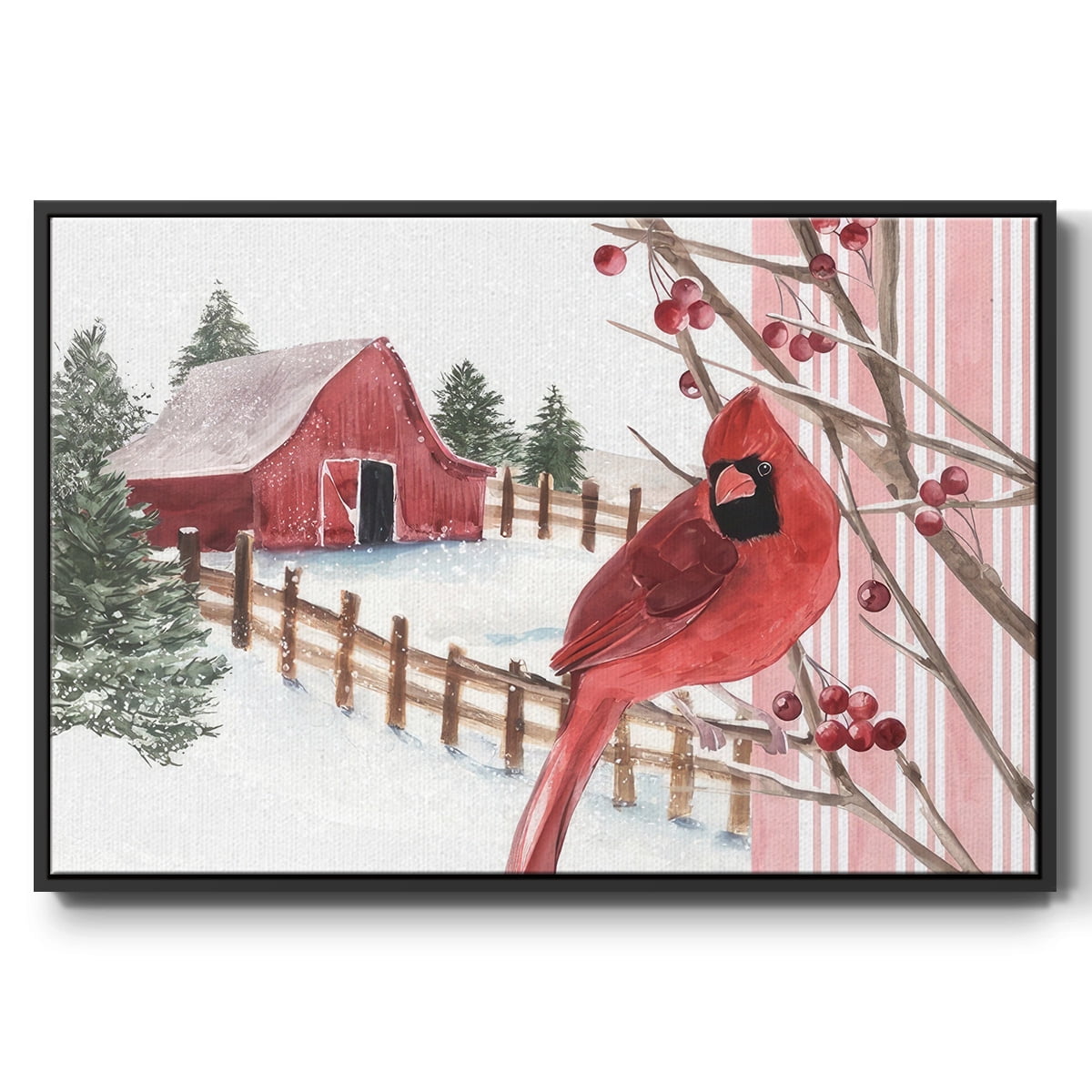 Winter Cardinal Collection A - Framed Gallery Wrapped Holiday Canvas - 27 x 41 - Black Frame