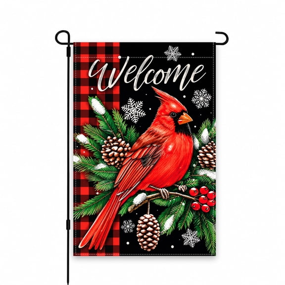 Winter Cardinal Garden Flag 12 x 18 Inch, Red and Black Buffalo Plaid Welcome Design with Snowflakes, Pine Branches and Pinecones for Yard, Lawn, Patio, Porch Outdoor Decor