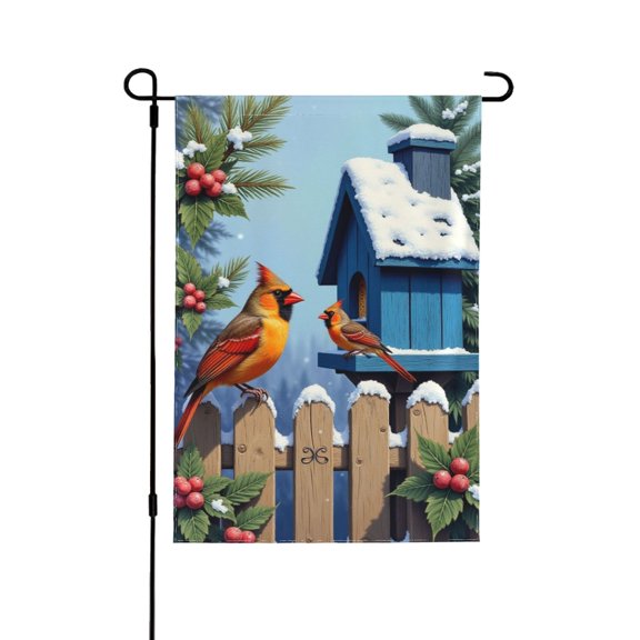 Winter Cardinal Garden Flag 12x18 Inch Double SidedBirdhouse Snowy Fence Yard FlagSeasonal Outdoor Holiday House DecorationWelcome Winter Yard Banner