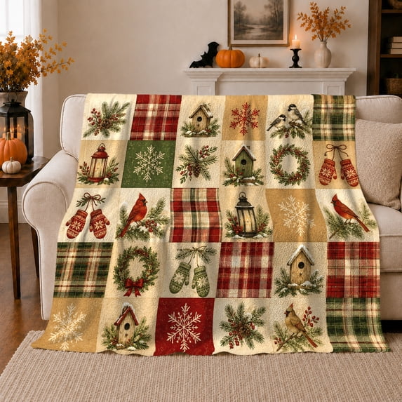 Winter Cardinal Lantern Patchwork With Rustic Plaid For Cozy Cabin Feel Flannel Blanket Home Decor For Bird Lovers Christmas Gift In Living Room And Bedroom