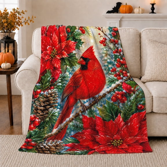 Winter Cardinal Pine Branch Poinsettias Holiday, Festive Holiday Scene, Warm Flannel Blanket for Living Room and Reading Nook, Art Lovers Friendship Gift, Festive Home Decor