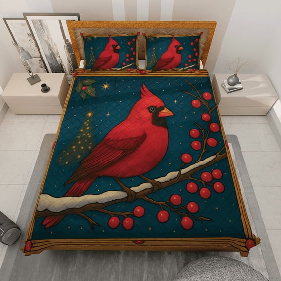 Winter Cardinal Quilt Bedding Set, Christmas Red Bird and Holly Berries Quilt Bed Set