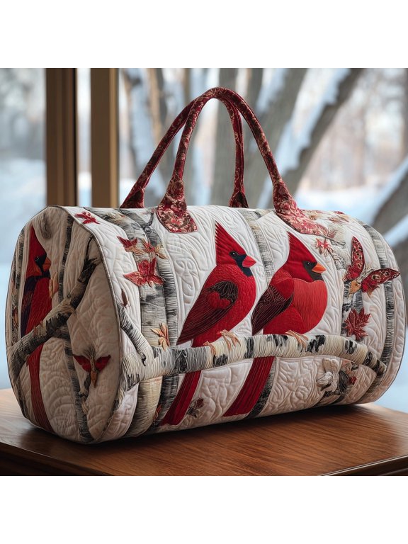 Winter Cardinal Quilted Duffle Bag, Quited Travel Tote Bag, Quited Weekender Travel Bag, Carry On Duffle