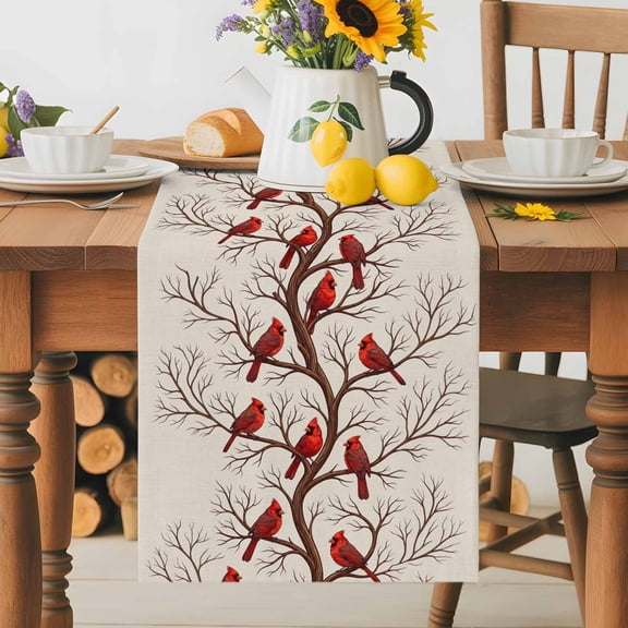 Winter Cardinal Tree Branches Table Runner 72 Inches Long, Country Red Birds Retro Linen Table Runners Tabletop Scarf Kitchen Dining Tables Decoration for Home Party Indoor Outdoor
