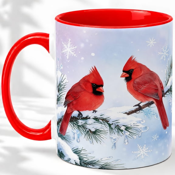 Winter Cardinal Watercolor Coffee Mug, Red Cardinal Birds Mug, Morning Coffee Tea Cup for Home Office, Snowy Pine Branch with Snowflakes, Cozy Woodland Nature Art, Bird Lovers Women Men