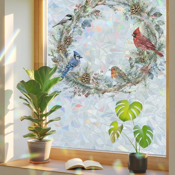 Winter Cardinal Window Privacy Film, Christmas Blue Jay Chickadee Pinecones Wreath Static Cling Stained Glass Window Sticker Decorative Removable Rainbow Film for Glass 17.7”x39.3”