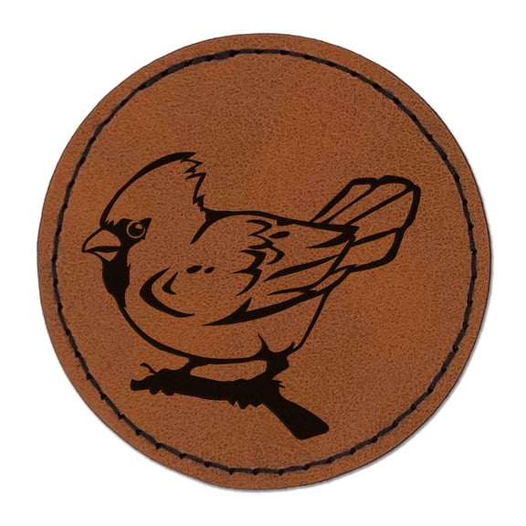 Winter Cardinal on Branch 2.5" Faux Leather Round Engraved Iron-On Patch - Brown