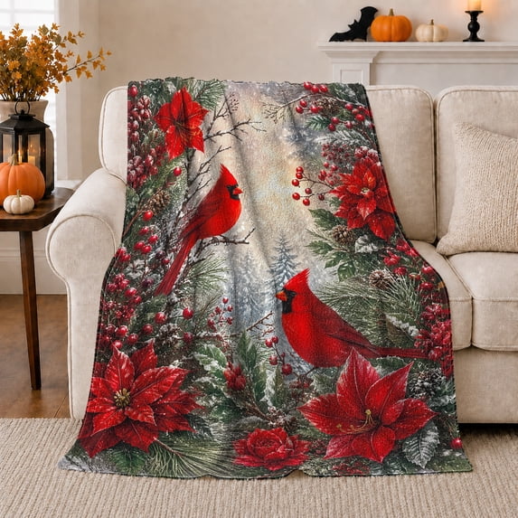 Winter Cardinals With Red Poinsettias, Naturalistic Winter Botanical Illustration for Bird And Flower Enthusiasts, Christmas Gift, Cozy Flannel Blanket and Home Decor for Living Room and Bedroom