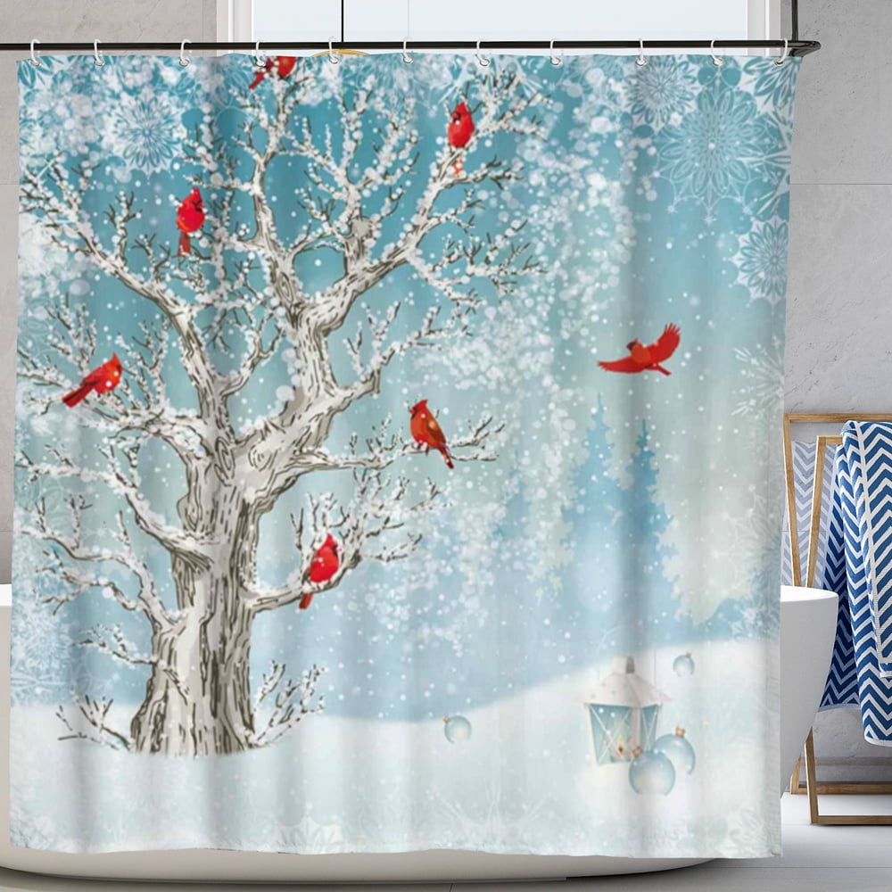 Winter Cardinals Shower Curtain Red Birds Snow Christmas Xmas Home